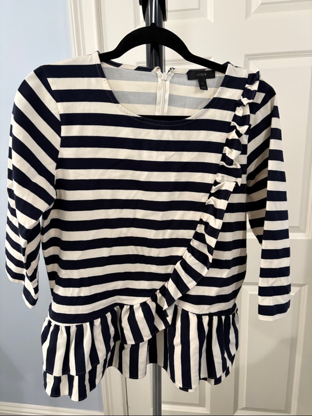J. Crew Navy and White Striped Ruffle Peplum Blouse